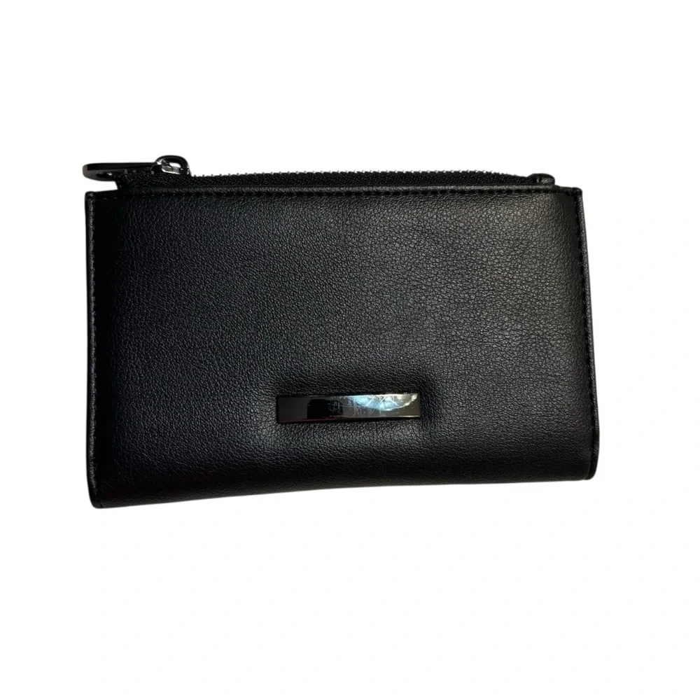 Black Wallet Faux Leather Steel Hardware Snap Closure Zip Pocket Billfold